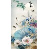 Peinture asiatique format portrait - Les lotus, les poissons et le papillons dans la nuit