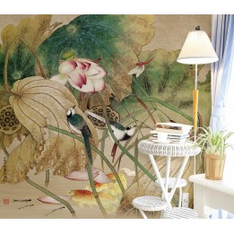 Peinture asiatique ancienne - Les lotus, les oiseaux, les poissons et la libellule