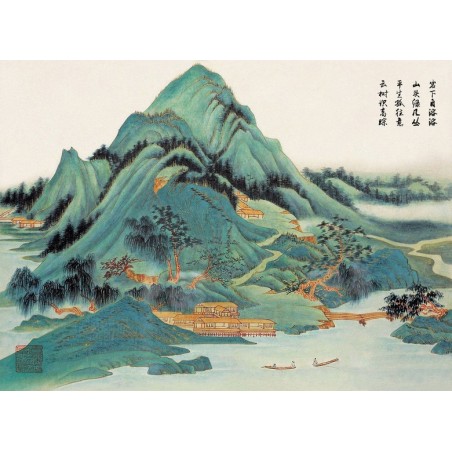 Peinture asiatique ancienne paysage zen - Les maisons dans la montagne