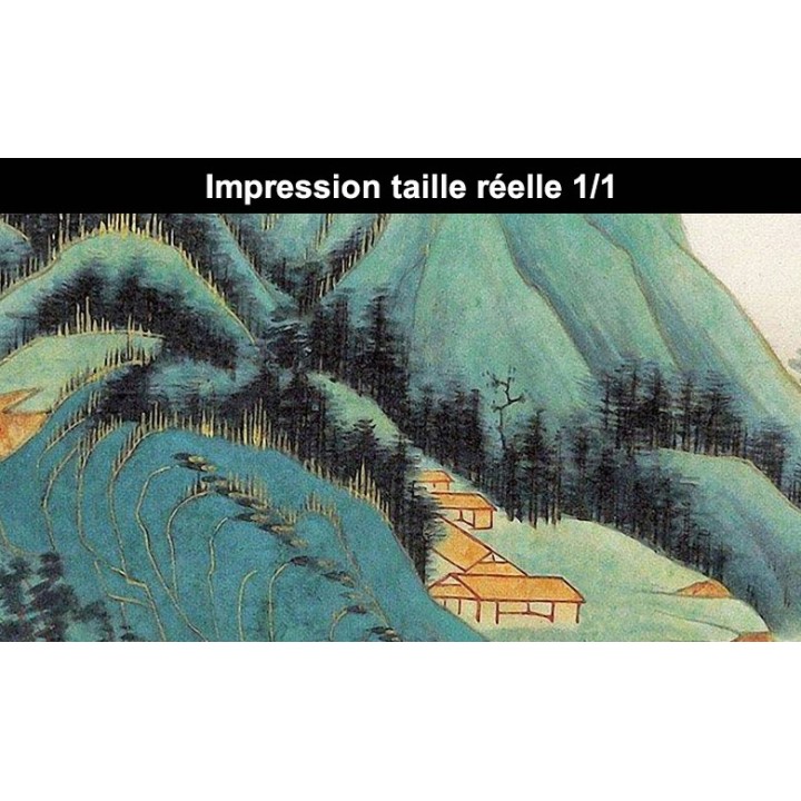 Peinture asiatique ancienne paysage zen - Les maisons dans la montagne