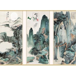 Peinture asiatique ancienne ton vert - Paysage la montagne en 3 parties