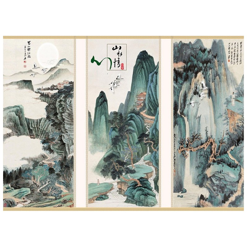 Peinture asiatique ancienne ton vert - Paysage la montagne en 3 parties