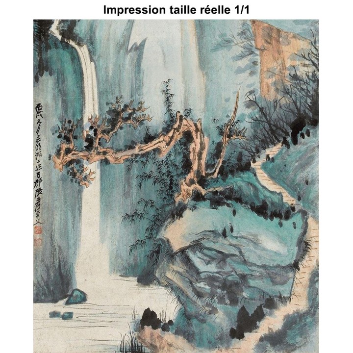 Peinture asiatique ancienne ton vert - Paysage la montagne en 3 parties