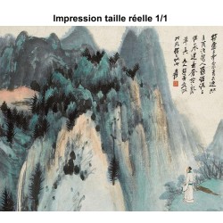 Peinture asiatique ancienne ton vert - Paysage la montagne en 3 parties