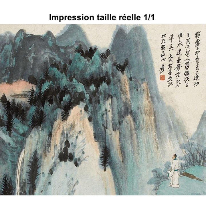 Peinture asiatique ancienne ton vert - Paysage la montagne en 3 parties