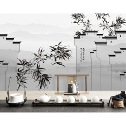 Paysage asiatique en noir et blanc - Maisons traditionnelle avec les bambous