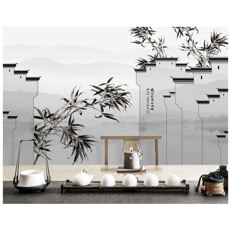 Paysage asiatique en noir et blanc - Maisons traditionnelle avec les bambous