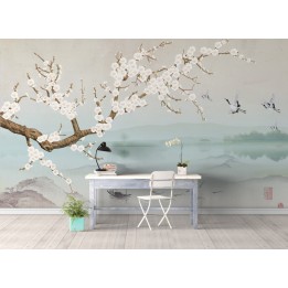 Papier peint japonais - Paysage avec les fleurs de Mei, les grues du japon et les poissons