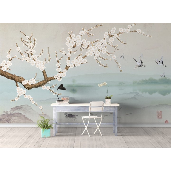 Papier peint japonais - Paysage avec les fleurs de Mei, les grues du japon et les poissons
