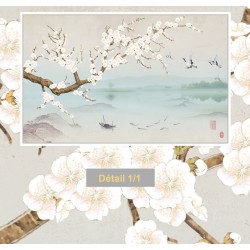 Papier peint japonais - Paysage avec les fleurs de Mei, les grues du japon et les poissons