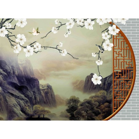 Papier peint japonais trompe l'oeil 3D - Paysage avec les fleurs et les oiseaux