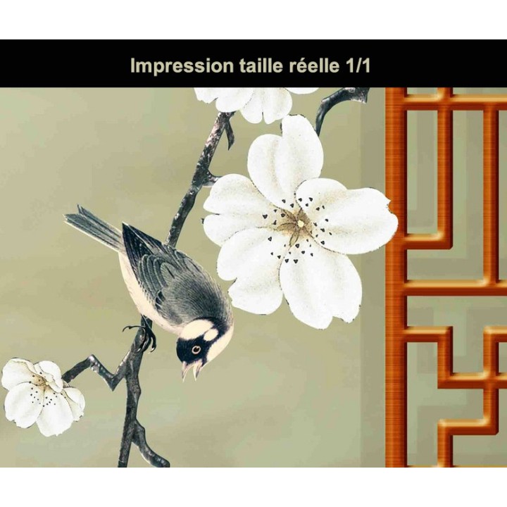 Papier peint japonais trompe l'oeil 3D - Paysage avec les fleurs et les oiseaux
