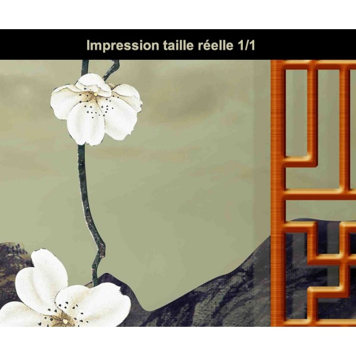 Papier peint japonais trompe l'oeil 3D - Paysage avec les fleurs et les oiseaux