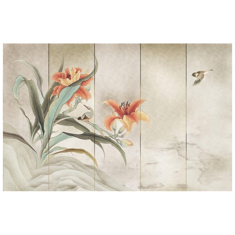 Papier peint vintage peinture japonaise ancienne - Les lys du Japon avec les oiseaux