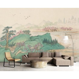 Papier peint d'artiste peinture japonaise ton vert - Paysage de printemps