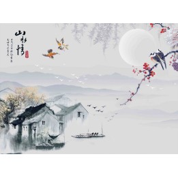 Papier peint d'artiste peinture à l'encre de Chine - Village de pêcheur dans la nuit