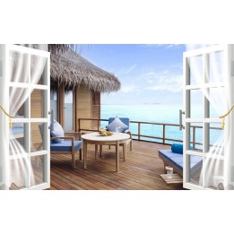 Paysage vue mer trompe l'œil 3D - Sur le balcon d'une maison avec le toit en paille