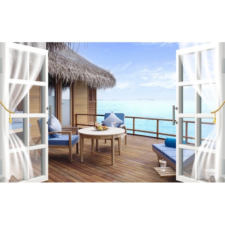 Paysage vue mer trompe l'œil 3D - Sur le balcon d'une maison avec le toit en paille