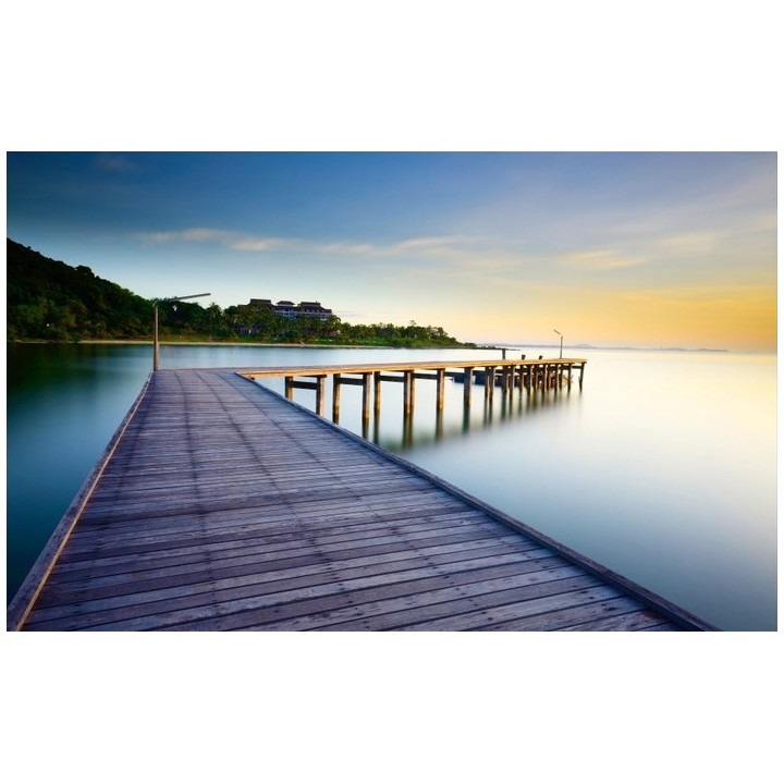 Paysage trompe l'œil 3D - Pont en bois sur le lac au coucher du soleil