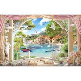 Paysage romantique trompe l'œil 3D - Villas au bord du lac - Extension d'espace