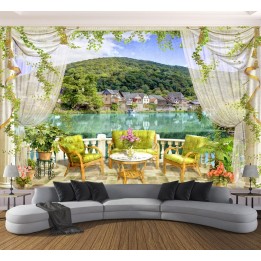Papier peint vintage paysage trompe l'œil 3D - Vue du lac sur le balcon - Extension d'espace