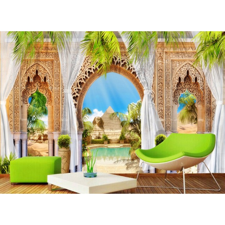 Paysage oasis tapisserie trompe l'œil 3D - Les pyramides