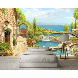 Papier peint d'artiste paysage - Maison en pierre au bord de l'eau