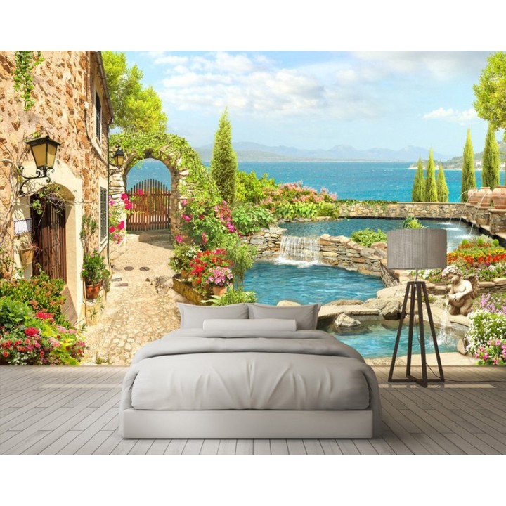 Papier peint d'artiste paysage - Maison en pierre au bord de l'eau