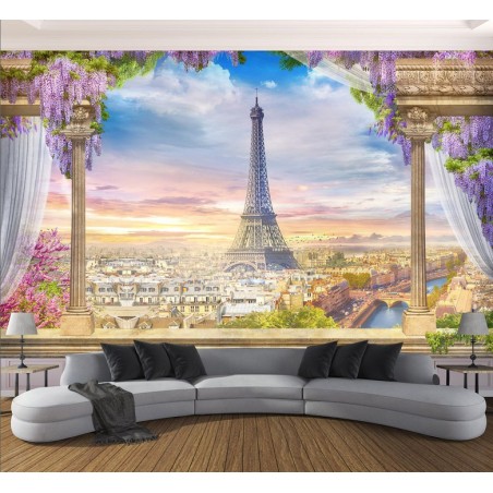 Papier peint d'artiste paysage romantique trompe l'œil 3D - La tour Eiffel