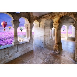 Papier peint photo trompe l'œil 3D - Château dans le champ de fleur violette avec les montgolfières