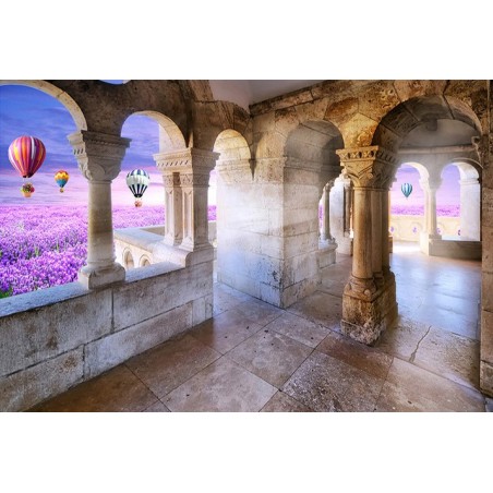 Papier peint photo trompe l'œil 3D - Château dans le champ de fleur violette avec les montgolfières