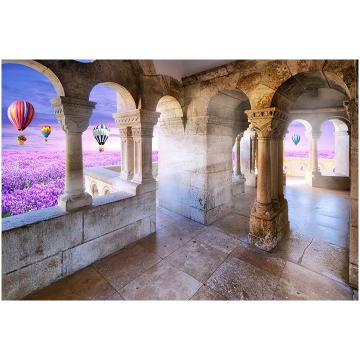 Papier peint photo trompe l'œil 3D - Château dans le champ de fleur violette avec les montgolfières