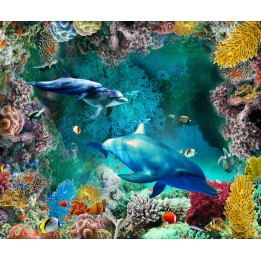 Lino Imprimé Photo Trompe l'œil 3D Fond Marin Dauphin Coraux
