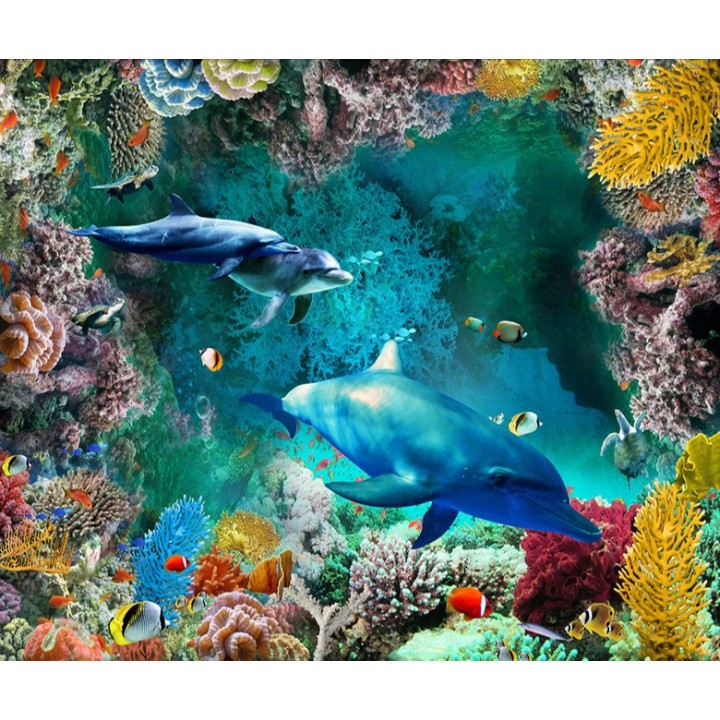 Lino Imprimé Photo Trompe l'œil 3D Fond Marin Dauphin Coraux