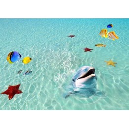Tapis salle de bains trompe l'œil 3D dauphin étoile de mer