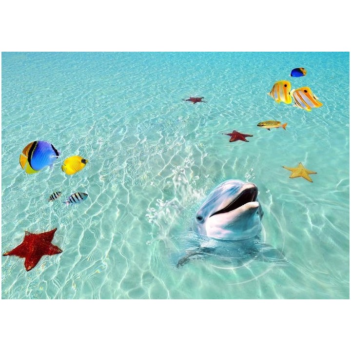 Tapis salle de bains trompe l'œil 3D dauphin étoile de mer