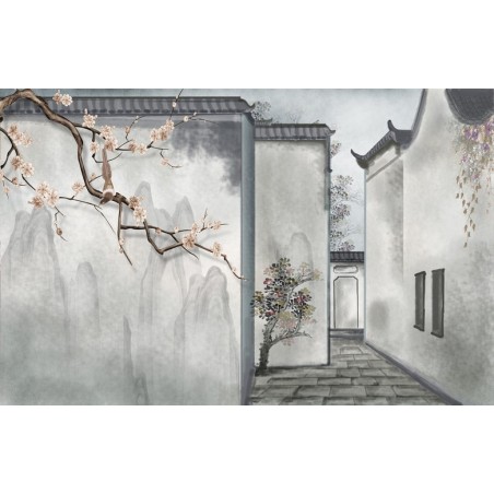 Peinture à l'encre de Chine ton gris ambiance zen - Maison traditionnelle chinoise
