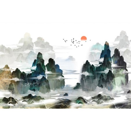 Papier peint japonais - La montagne dans les nuages au lever du soleil