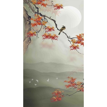 Tapisserie zen format vertical - L'érable et les oiseaux dans la nuit