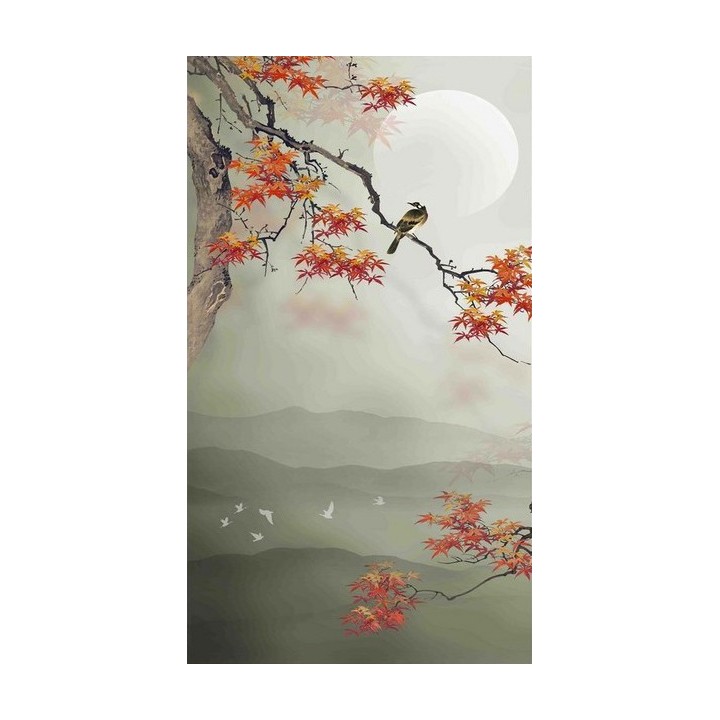 Tapisserie zen format vertical - L'érable et les oiseaux dans la nuit