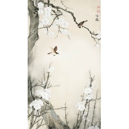 Tapisserie asiatique zen fleurs et oiseaux format vertical - Les fleurs de Mei et les oiseaux