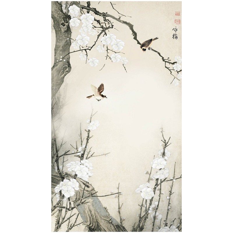 Tapisserie asiatique zen fleurs et oiseaux format vertical - Les fleurs de Mei et les oiseaux