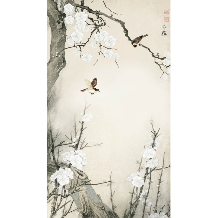 Tapisserie asiatique zen fleurs et oiseaux format vertical - Les fleurs de Mei et les oiseaux