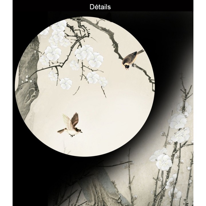 Tapisserie asiatique zen fleurs et oiseaux format vertical - Les fleurs de Mei et les oiseaux
