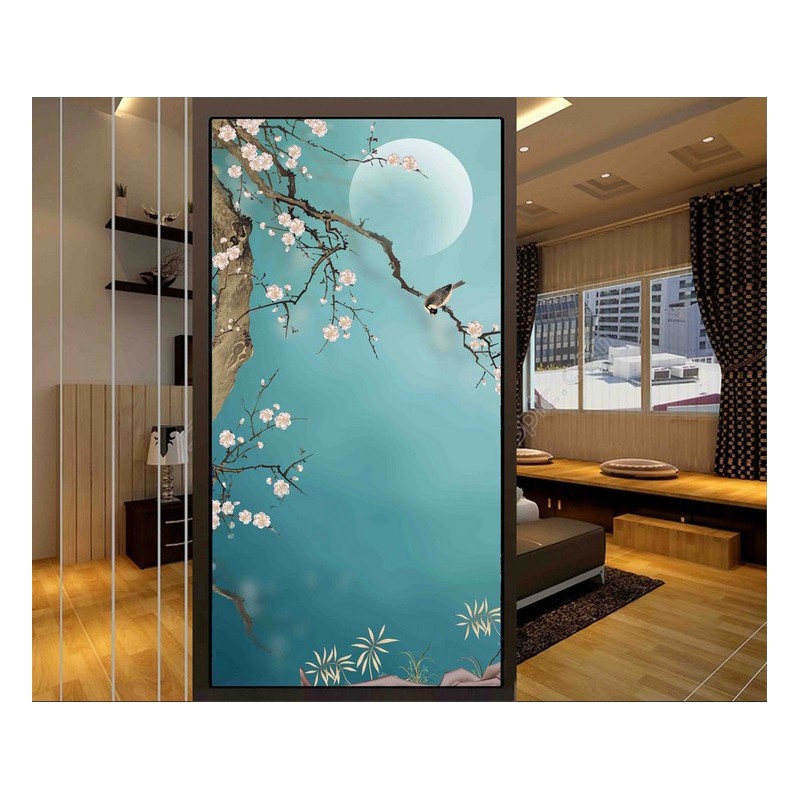 Tapisserie asiatique zen fleurs et oiseaux format vertical - Les fleurs de Mei et les oiseaux sur fond bleu