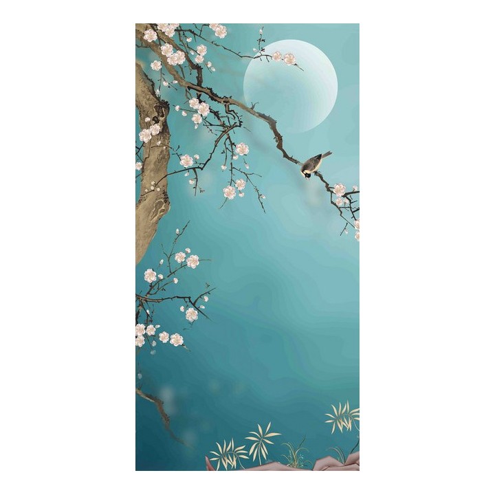 Tapisserie asiatique zen fleurs et oiseaux format vertical - Les fleurs de Mei et les oiseaux sur fond bleu