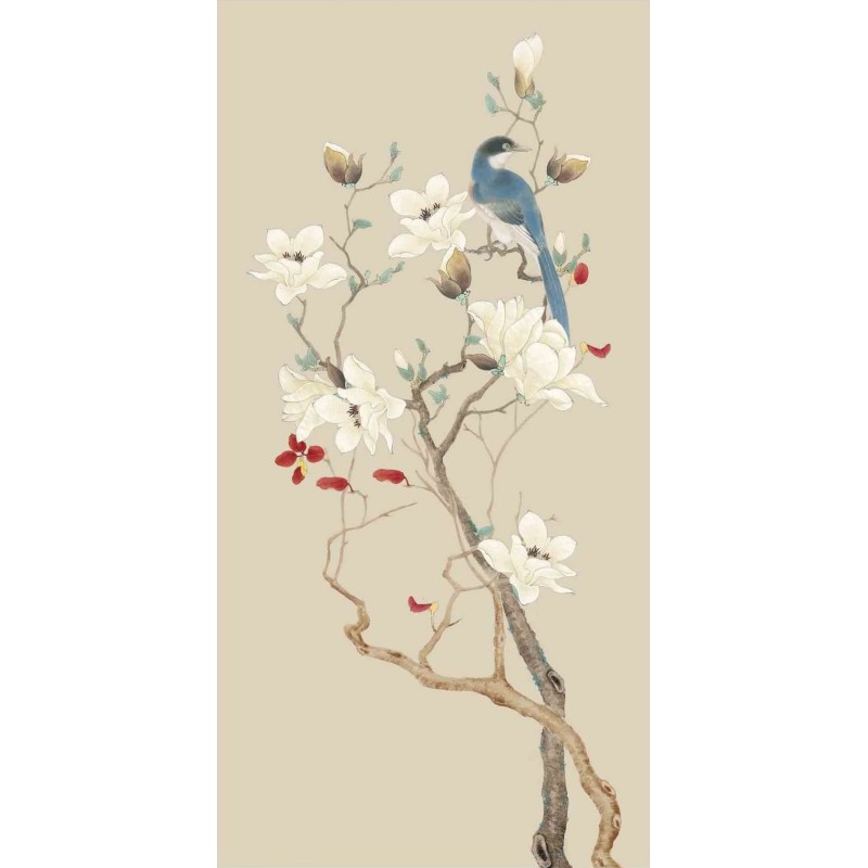 Tapisserie asiatique zen fleurs et oiseaux format vertical - Le magnolias et l'oiseau bleu sur fond beige