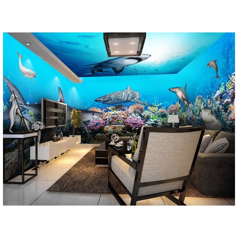 Décoration murale grand panoramique paysage fond marin - Les requins