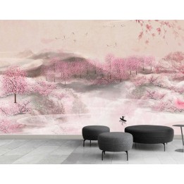 Papier peint asiatique romantique aspect ancien tapisserie florale - La forêt de pêcher dans la colline
