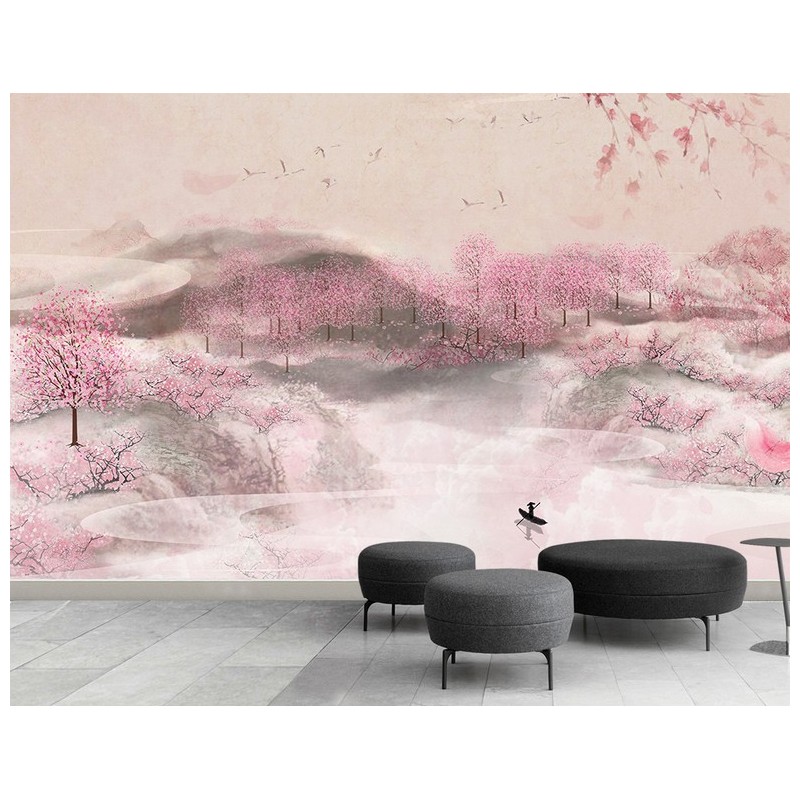 Papier peint asiatique romantique aspect ancien tapisserie florale - La forêt de pêcher dans la colline